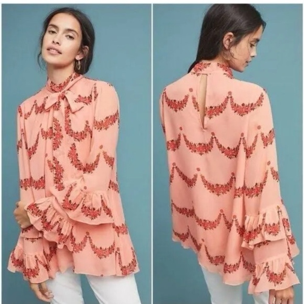 Floral Ruffle Tie-Neck Blouse - Peach